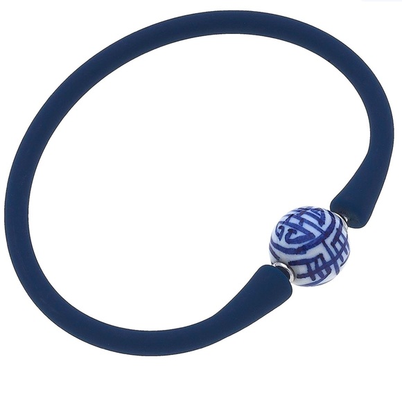 Bali Chinoiserie Bead Silicone Bracelet Navy - Picture 1 of 2